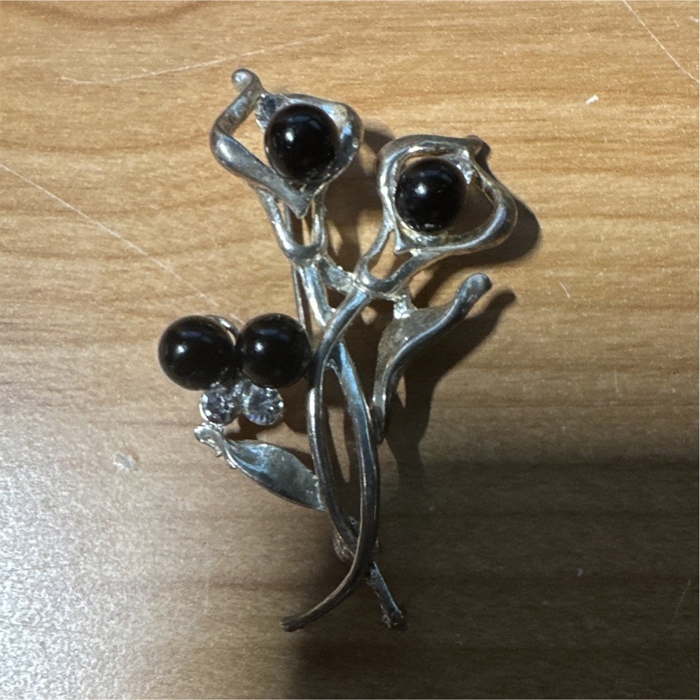 Silver Tone Flower Brooch Pin with Black Round Stone and Bead Accents - Picture 1 of 3